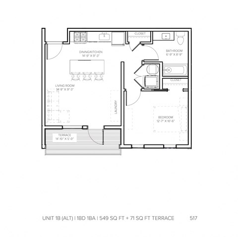 Floor plan for 1 bed, 1 bath, 549 sqft
